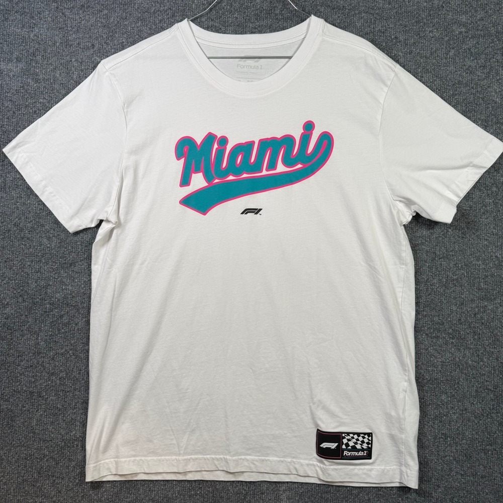 Formula 1 T-Shirt Mens XL White Miami Grand Prix Teal Pink Graphic Tee